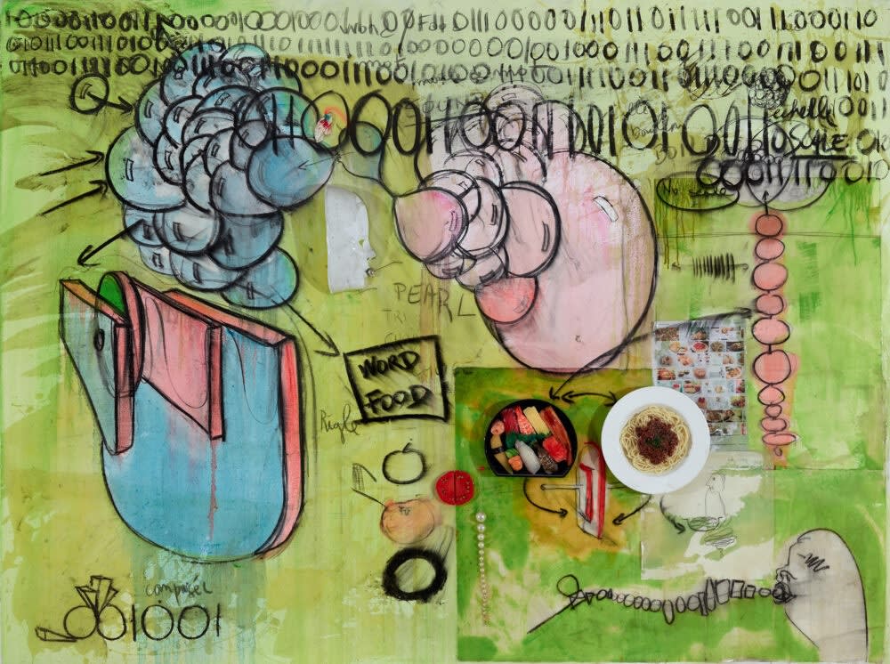 Fabrice Hyber, WORD, FOOD, 2014-2015, Oil, charcoal, plastic sushi, plastic spaghetti, epoxy resin on canvas, 150 x 200 x 20 cm