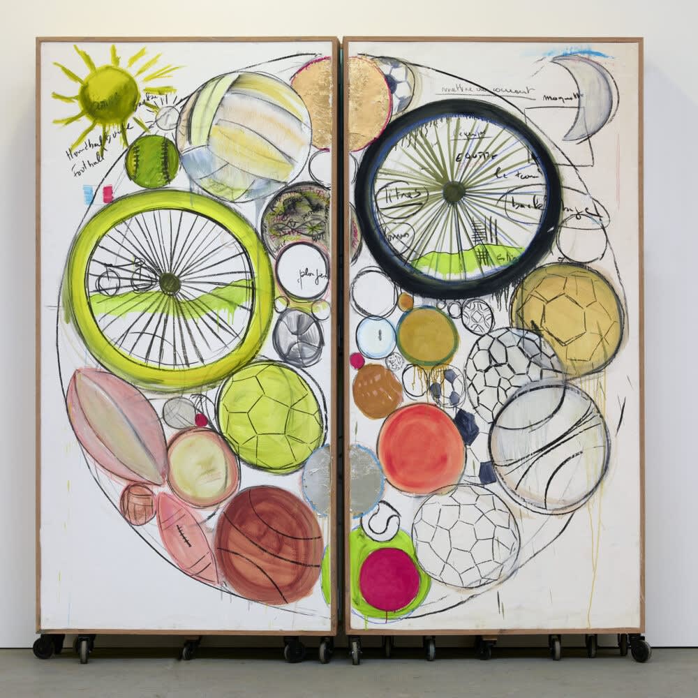 Fabrice Hyber, Polyptyque du sport, 2017, detail Pastel, watercolour, charcoal, oil painting, colour pencil, 200 x 700cm © Fabrice Hyber / Adagp, Paris, 2022.