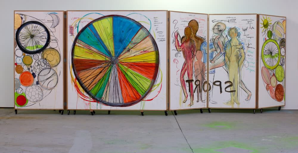 Fabrice Hyber, Polyptyque du sport, 2017, detail Pastel, watercolour, charcoal, oil painting, colour pencil, 200 x 700 cm © Fabrice Hyber / Adagp, Paris, 2022.