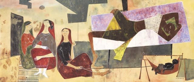 Shanti Dave (b.1931) Mother and Child, 1959 Oil on board 26 x 61cm. (10 ¼ x 24in.)