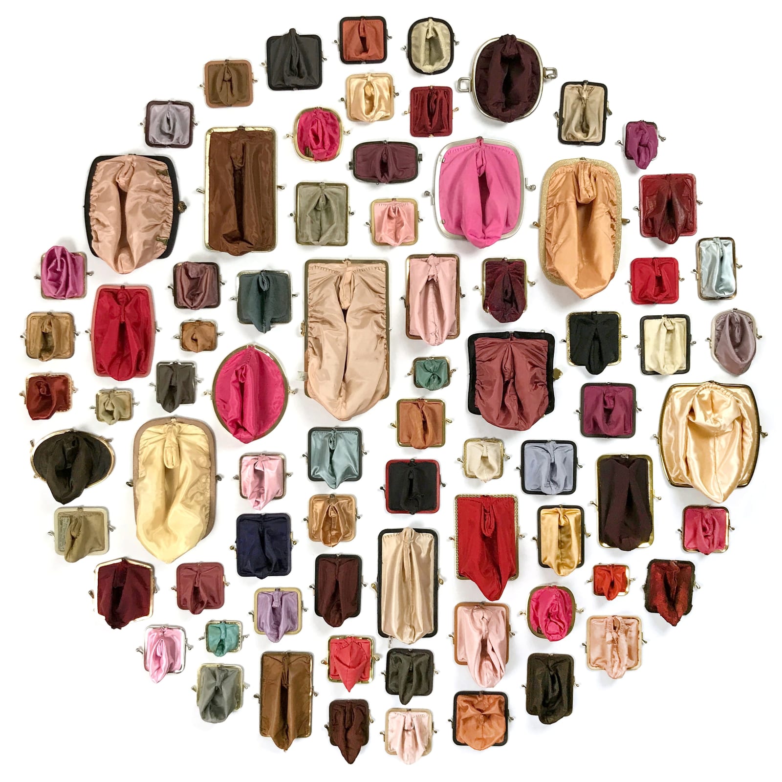 Suzanna Scott Coin Cunts (Set of 76), 2024 Wall installation of 76 individual purses with kisslock coin purses, thread and map tacks 48 x 3 in 121.9 x 7.6 cm Unique