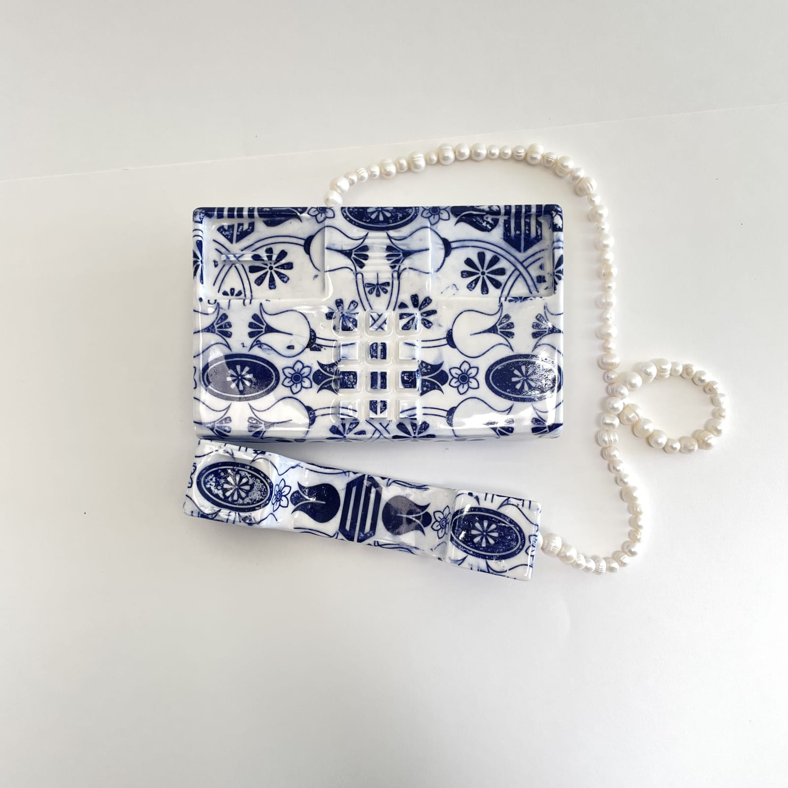 Brock Deboer Tulip Speigal Personal Line, 2022 Porcelain, cobalt oxide and pearl bead 3 x 7 1/2 x 5 in 7.6 x 19.1 x 12.7 cm Edition of 7 plus 1 APs