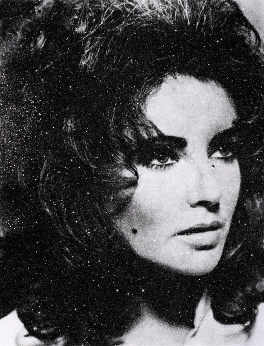 Russell Young Elizabeth Taylor, 2019 Acrylic paint, enamel and diamond dust screen print on linen in Black and White 36 x 29 Inches 91.4 x 73.7 cm