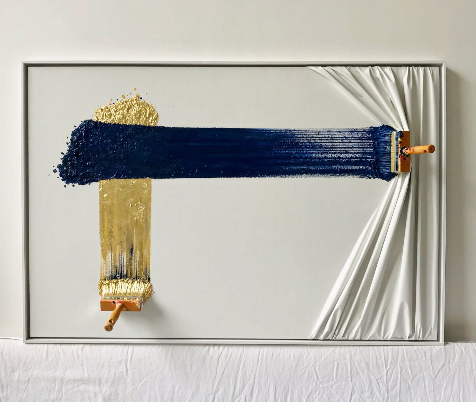 Jean-Paul Donadini Brosses arrêtées gold and blue , 2023 Acrylic and mixed media on canvas 57 1/2 x 38 1/4 in 146 x 97 cm Unique