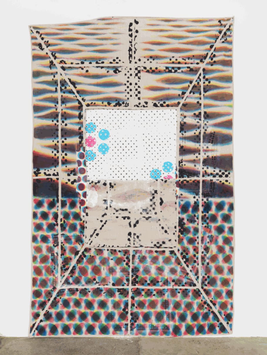 Bill Komoski. Untitled, 2017. Acrylic on canvas with grommets, over wall drawing. 110 x 71 in.