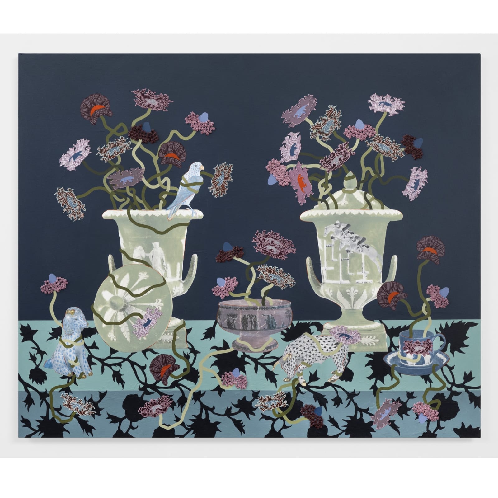 Lizzie Gill, "Still Life with Two Green Vessels (Avec Le Faucon)", 2025, Acrylic, image transfer + marble dust emulsion on canvas, 40 x 48 inches (101 x 121 cm)