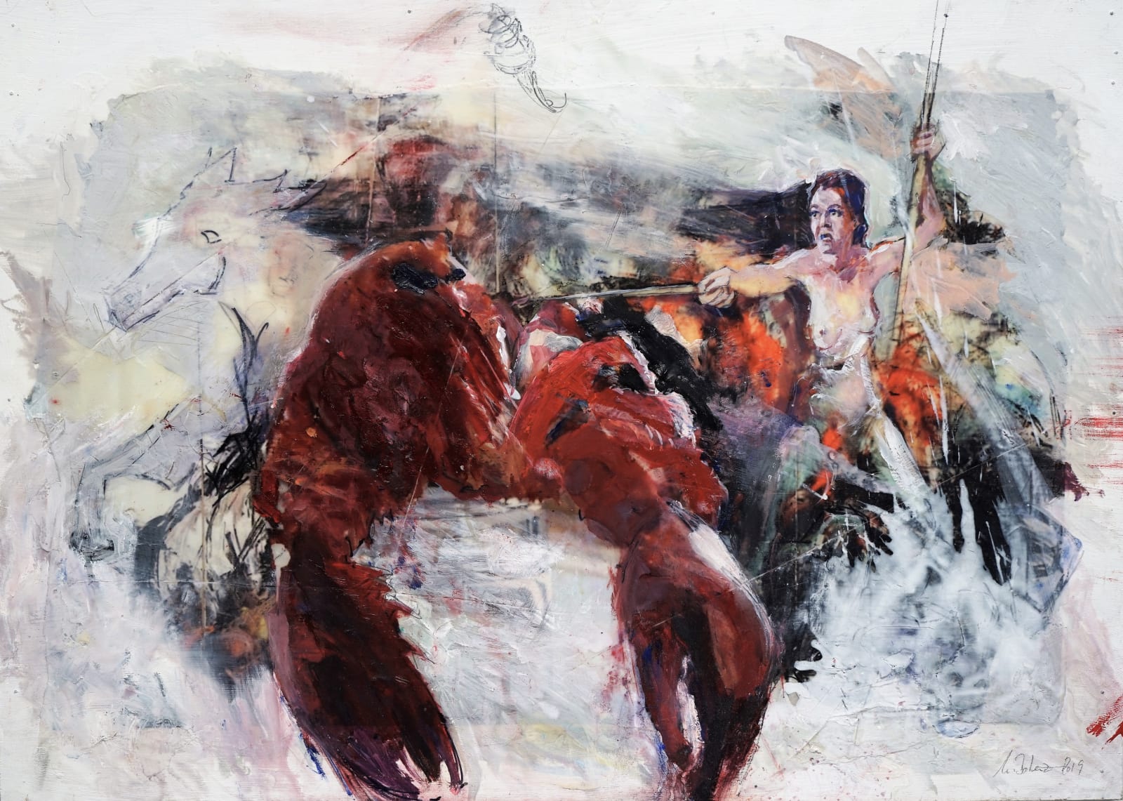 Ulrike Bolenz in her studioke Bolenz, Kentauer,nkampf 2017, oil on wood, 50x70 cm