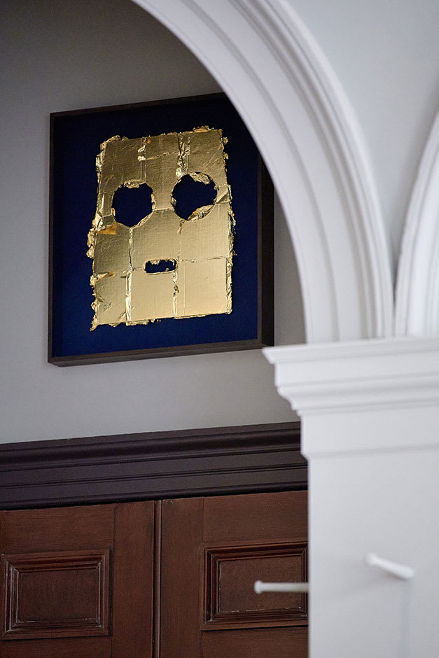 Peter Liversidge Mask (4), 2017 Found cardboard, acrylic paint and imitation gold leaf 47 x 41cm