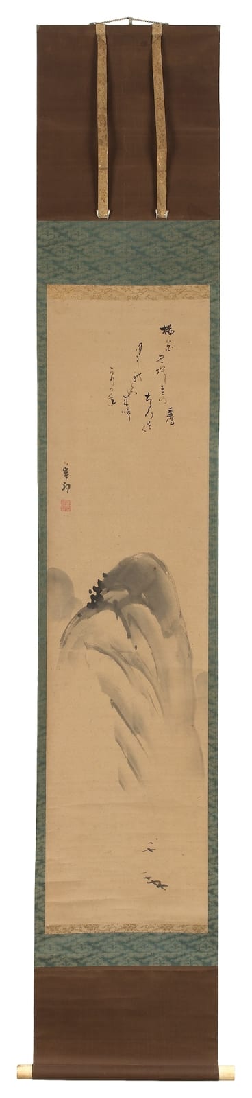 Malerei, #020247  Gan Ku (1749-1838) & Suetaka, Kamo no (1752-1842) Berglandschaft mit fliegenden Kranichen und Gedicht, Edo (1600-1868)