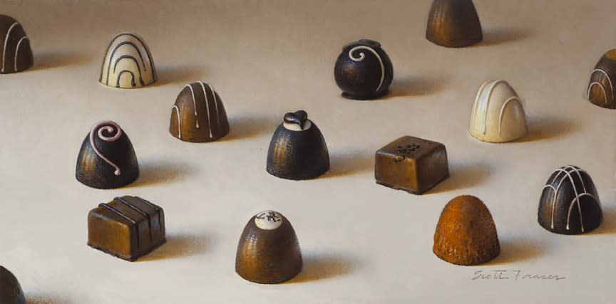 Scott Fraser 15 Chocolates, 2015 oil on board 13 1/2 x 6 3/4 inches