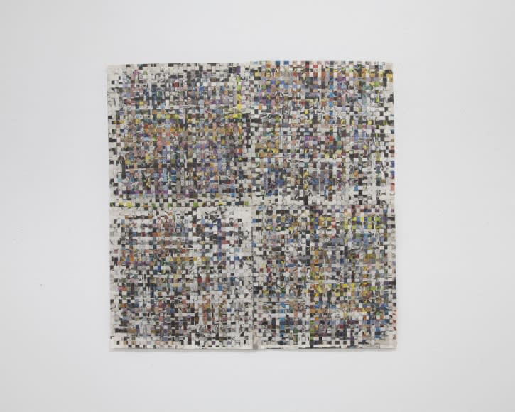 Johnathan Payne Untitled (Spiraling #1), 2016 woven shredded comic books and adhesive 21 x 21 inches