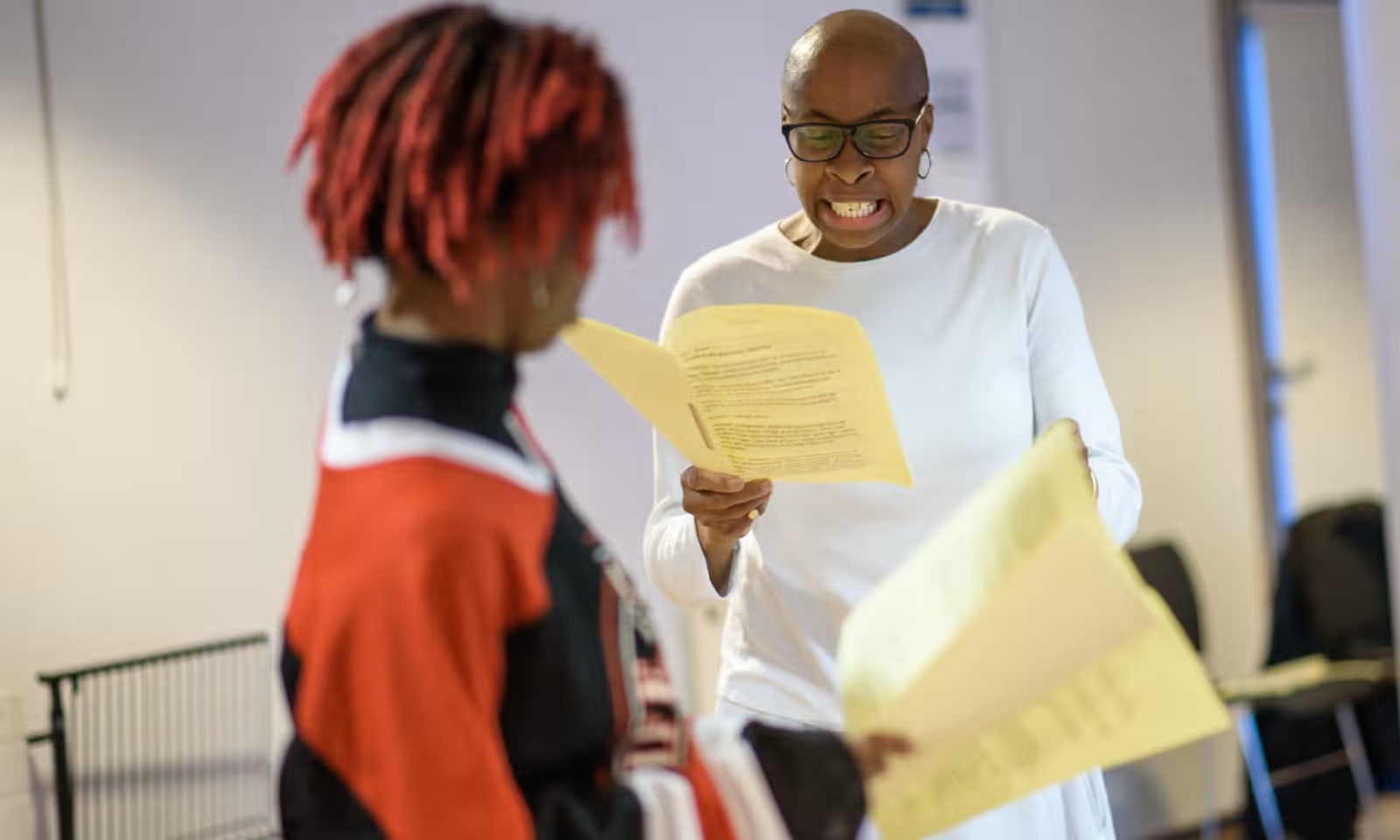 Michelle Tiwo and Antonia Kemi Coker in a workshop at the NT Studio for Galatea, adapted by Emma Frankland. Photo Credit: Joe Twigg.