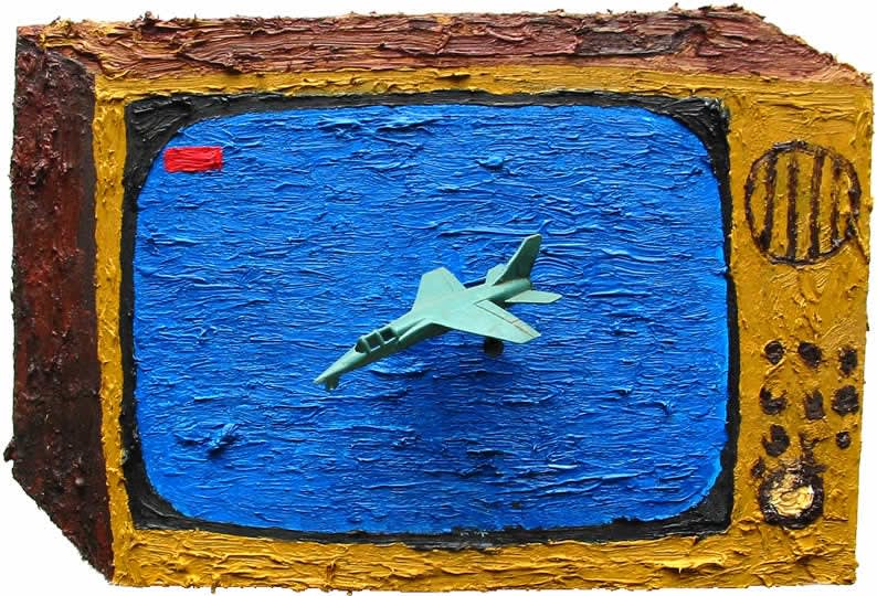 Ch. 4: Soft Focus Snuff, 2001, Oil on MDF, wire & plastic jet fighter, 29 x 44 x 7cm, 2001, Various c. 29 x 44 x 7cm, 2001