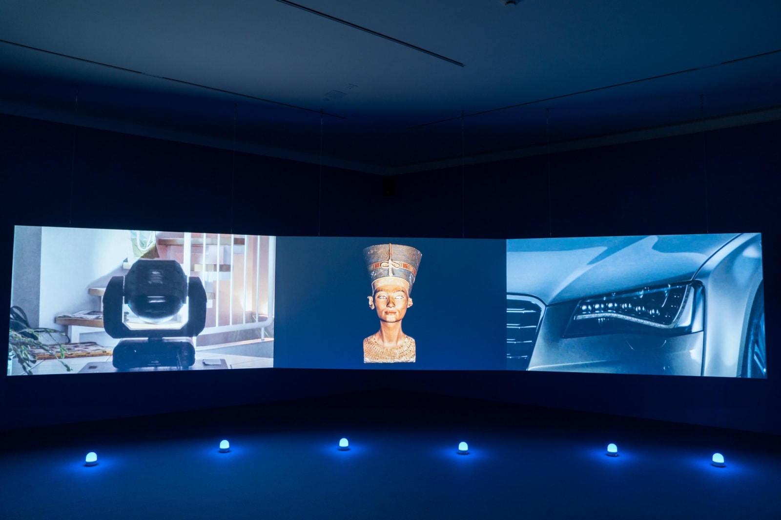 GUAN XIAO exhibition view, Fiction Archive Project, Contemporary Art Museum St. Louis, 2019 Weather Forecast, 2016 single-channel video, 3 screens, colour, sound, 12’48” 12:48 min. edition of 5 (+1AP) GX/I 16-01/API