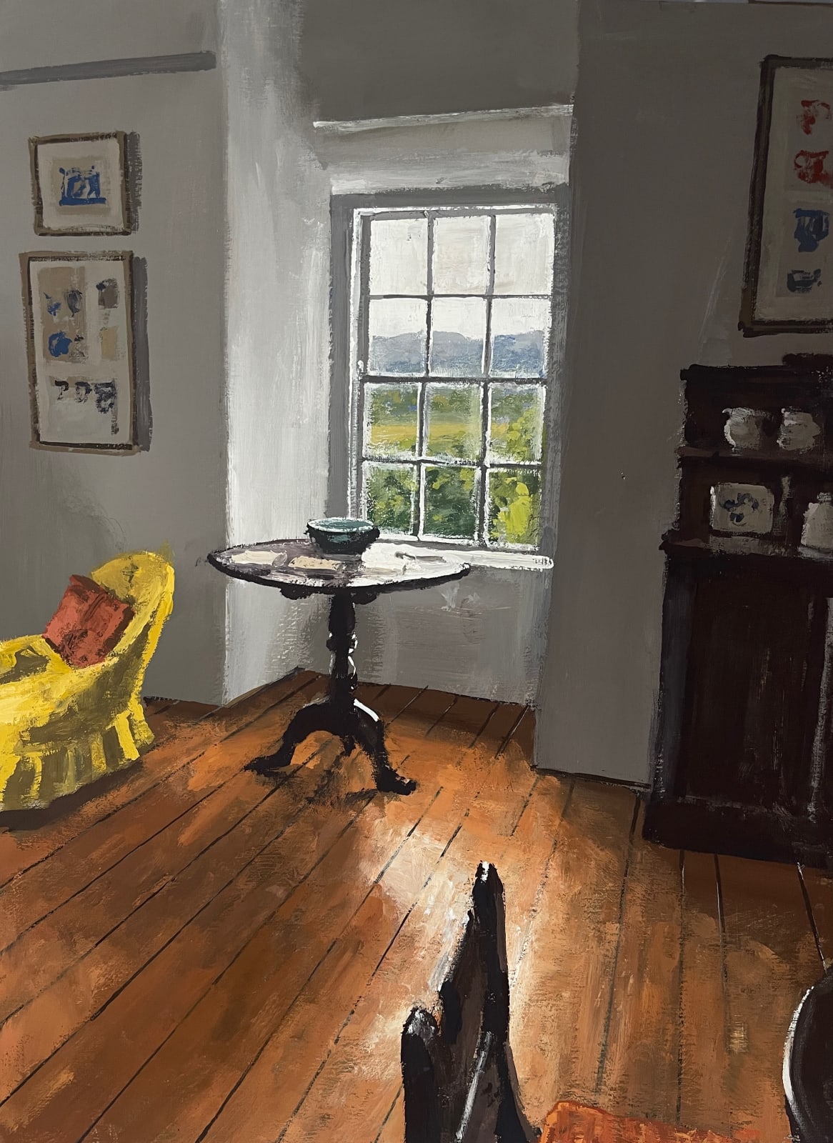 Matthew Wood RCA, Plas Brondanw. Drawing room window with table and chairs, 2025