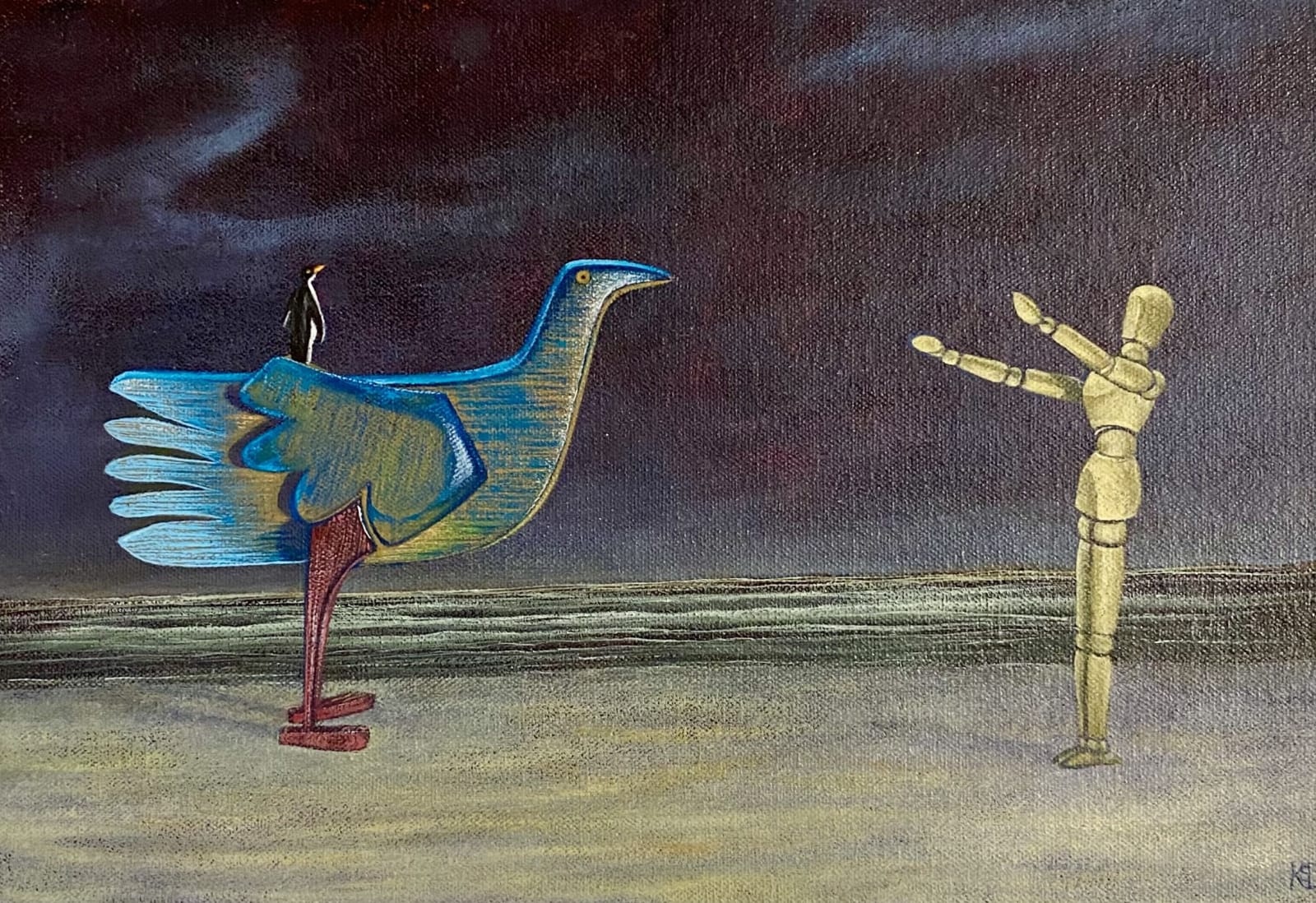 Kim Dewsbury, The bird the penguin and the man, 2023