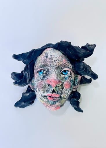 Julie Latayan, Small Face 3 (wild black hair/blue eyes), 2024