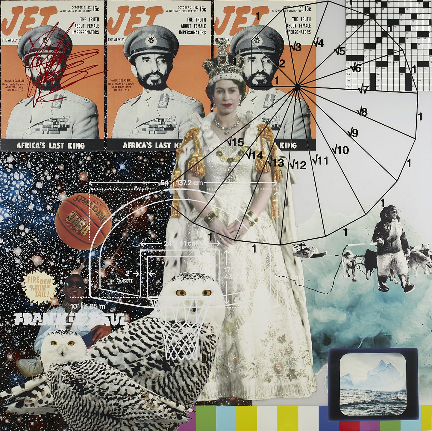 A collage consisting of Jet Magazine covers, an owl, a basketball and an image of England's Queen Elizabeth.