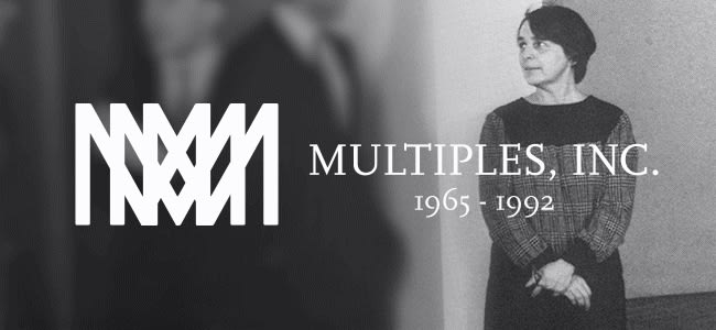 A black and white portrait of Marian Goodman with the Multiples, Inc. logo