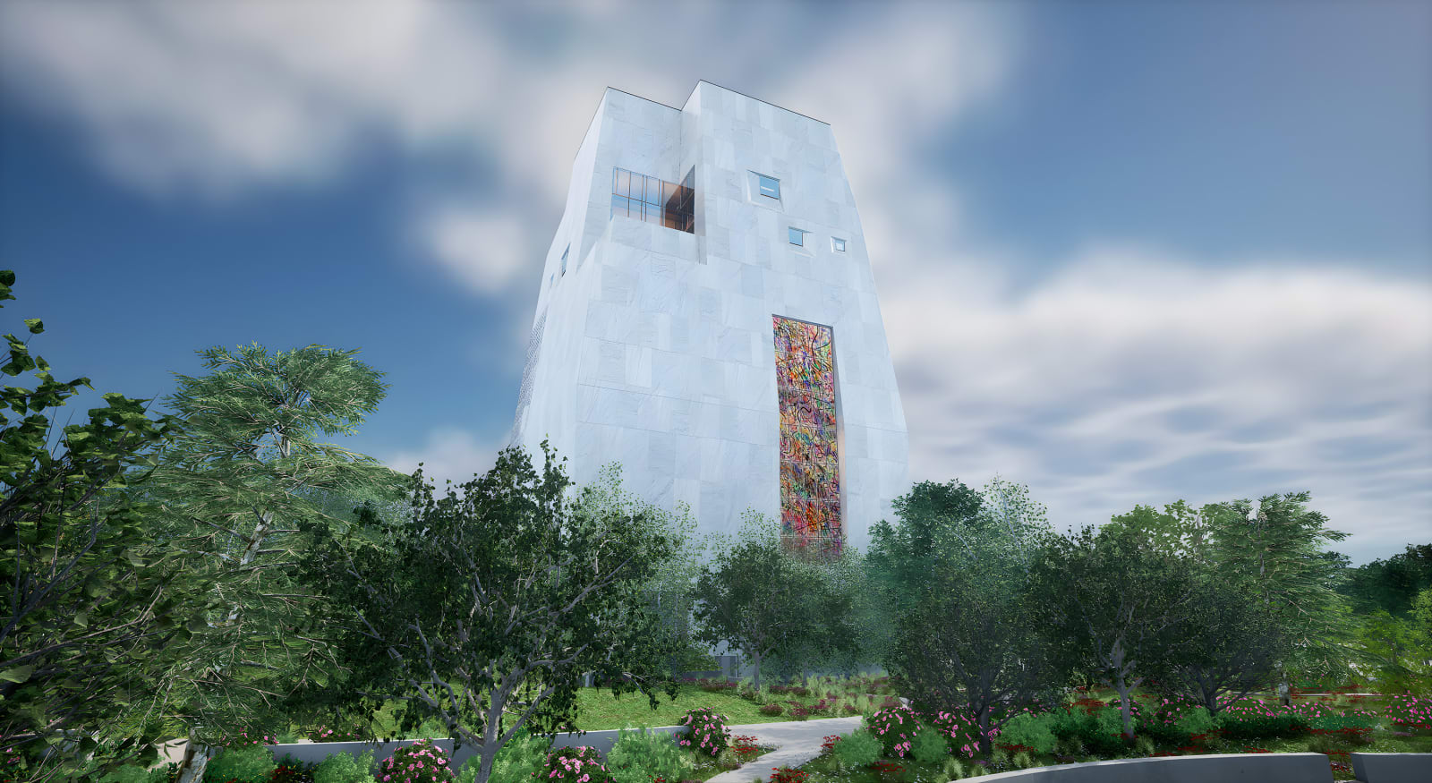 Renderings and Photos of the Obama Foundation Museum Building's 83-Foot Tall Painted Glass Window by Artist Julie Mehretu