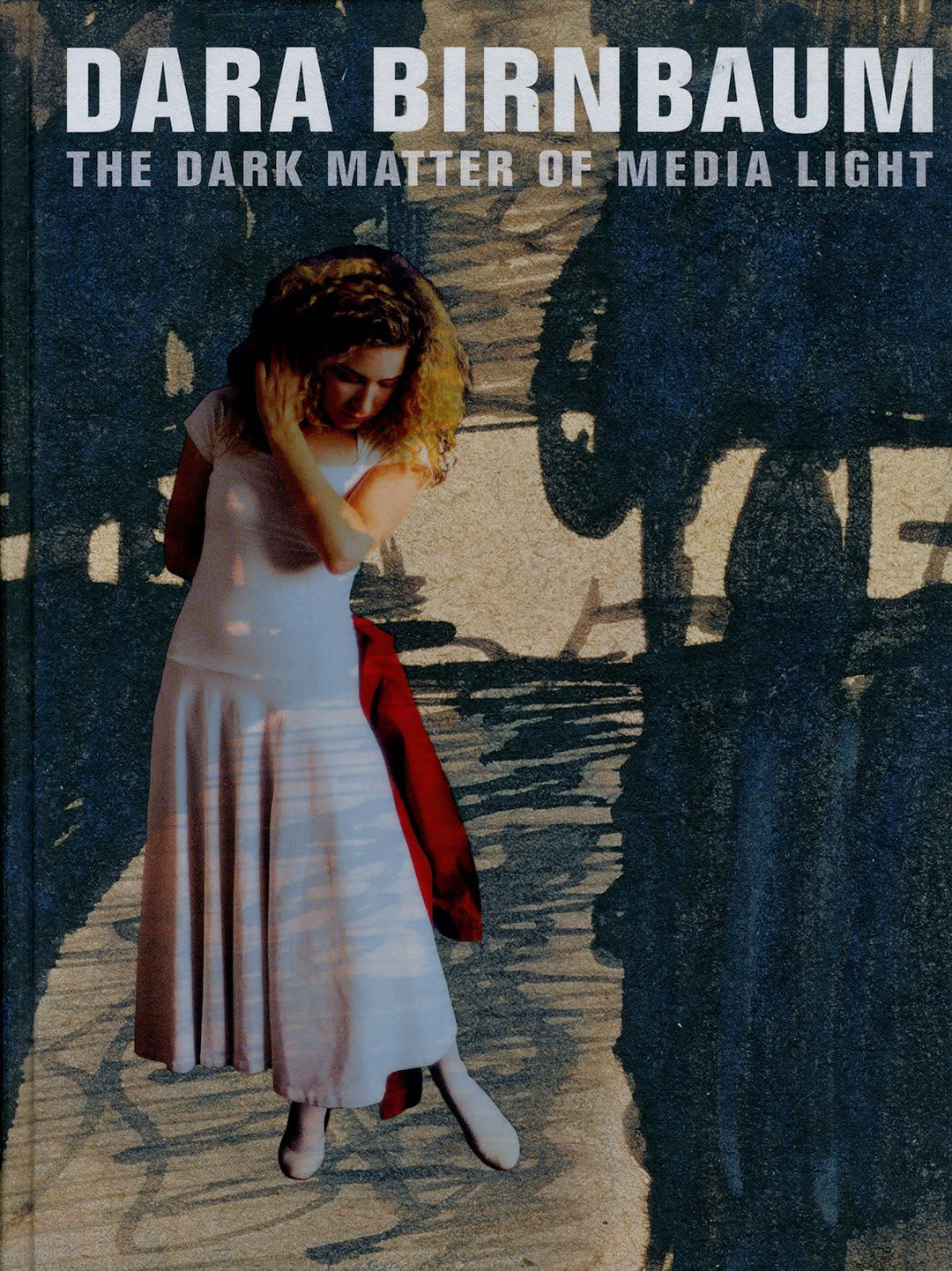 On the cover of Dara Birnbaum's book, "The Dark Matter of Media Light," a portrait of a lady in a white dress in front of an artwork.