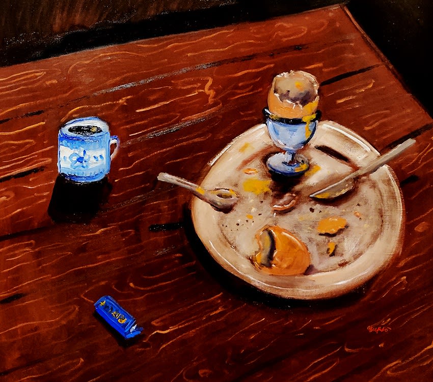 Sebastian Tanti Burlo, Still life of two eggs and a packet of rizla, 2021