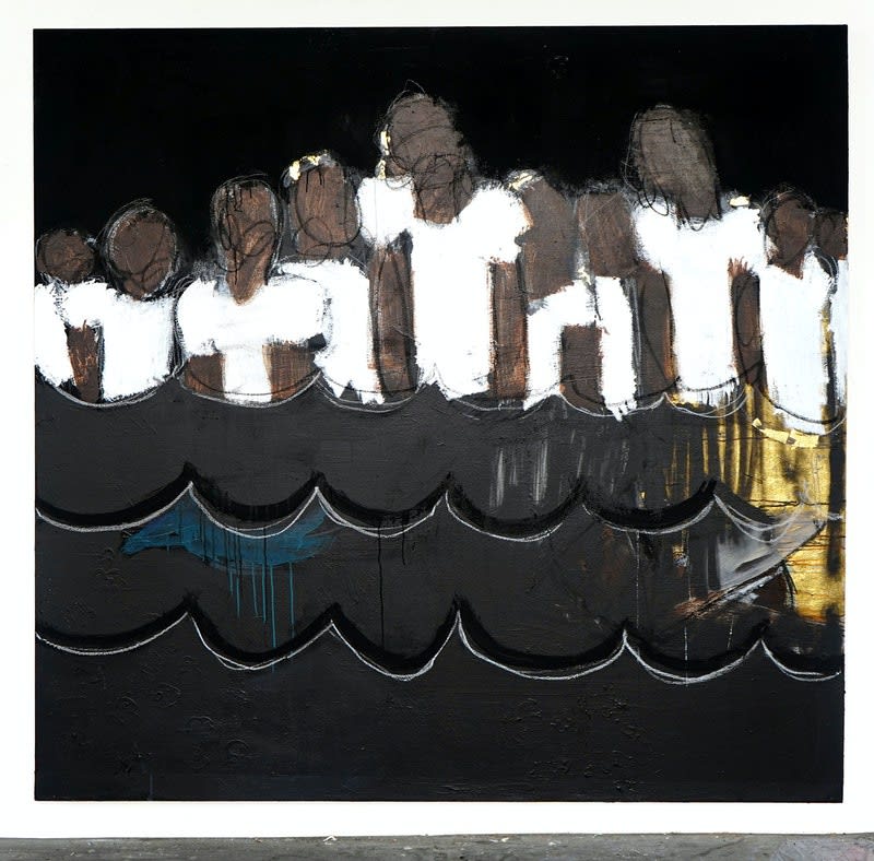 Ferrari Sheppard, Oxide, 2020. Acrylic, charcoal, and 24k gold on canvas, 77 x 78 inches. Courtesy the artist and Wilding...