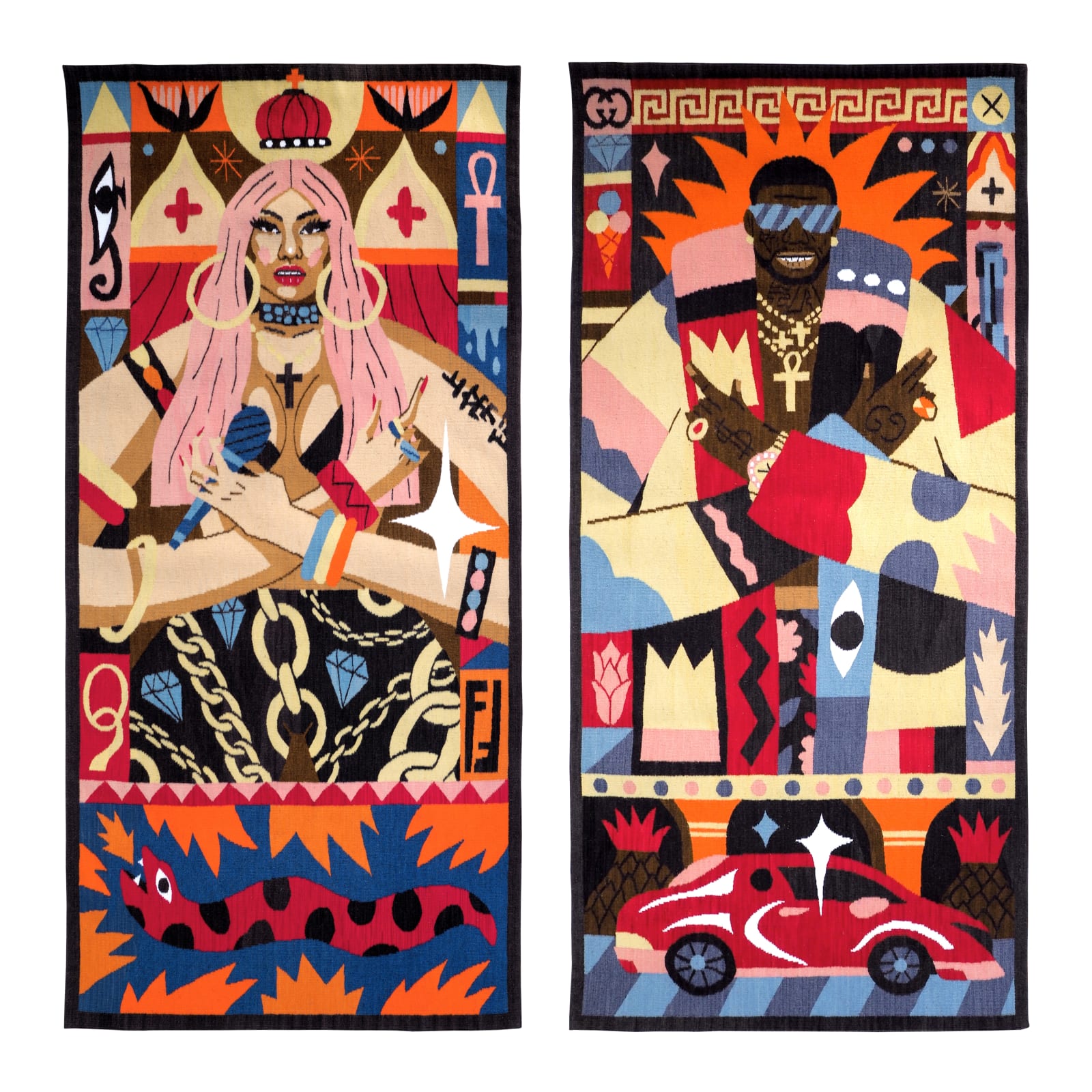 Nicki & Gucci, 2019 - 2020, tapestry, 80 x 170 cm each