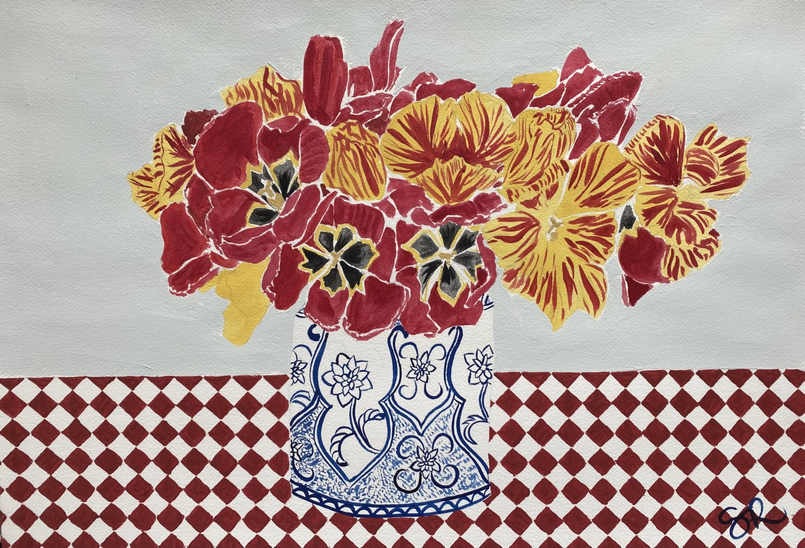 Sophie Roberts, Tulips on Chequer Table cloth , 2021