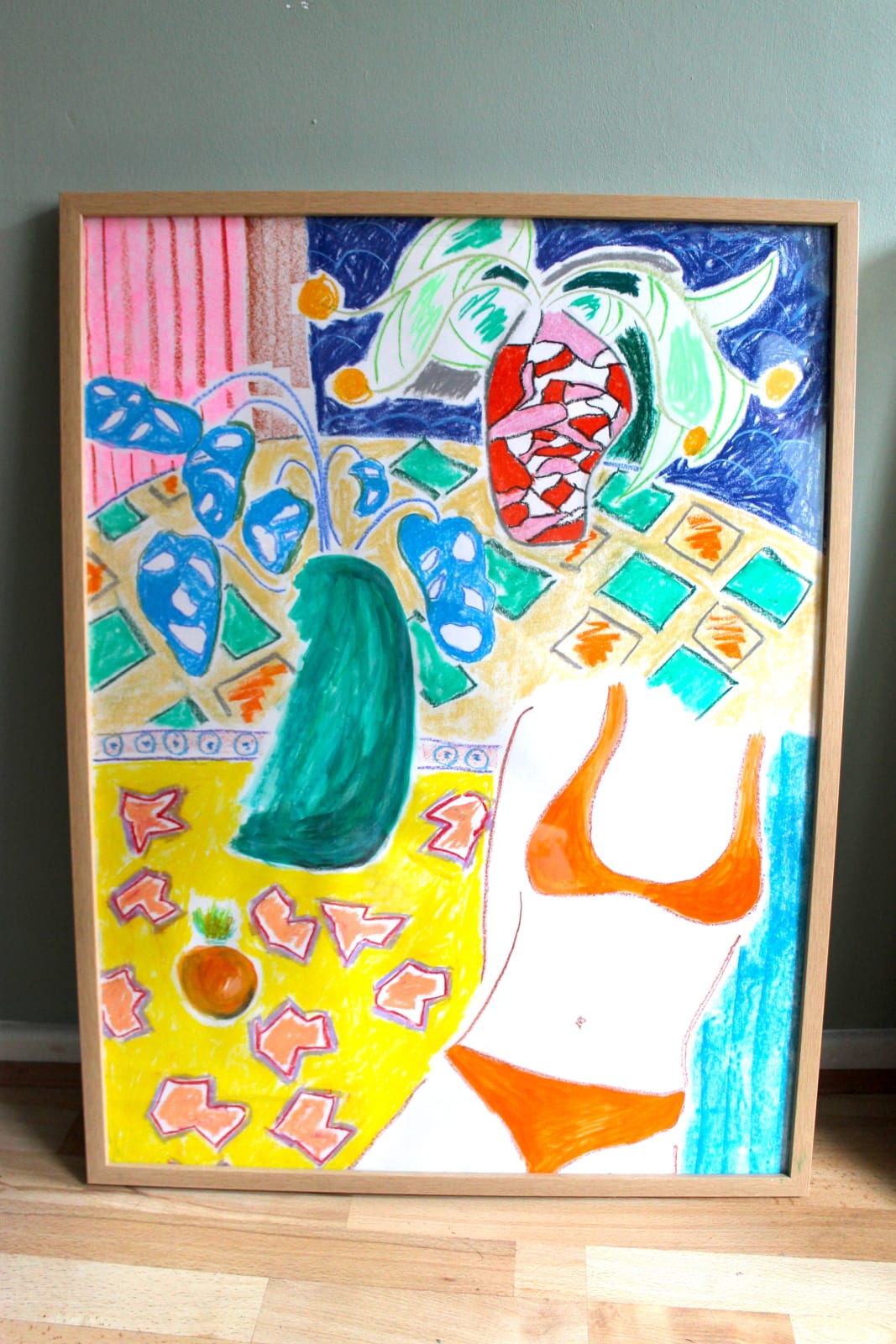 Paul Binks, In swimwear with two vibrant vases, 2020