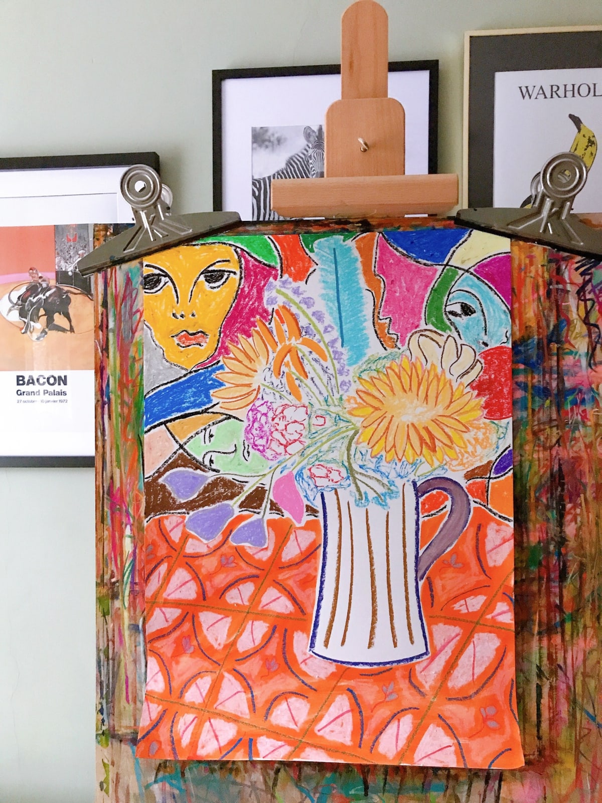 Paul Binks, Colourful & Playful Flowers in a Vase with a Figurative Background , 2020