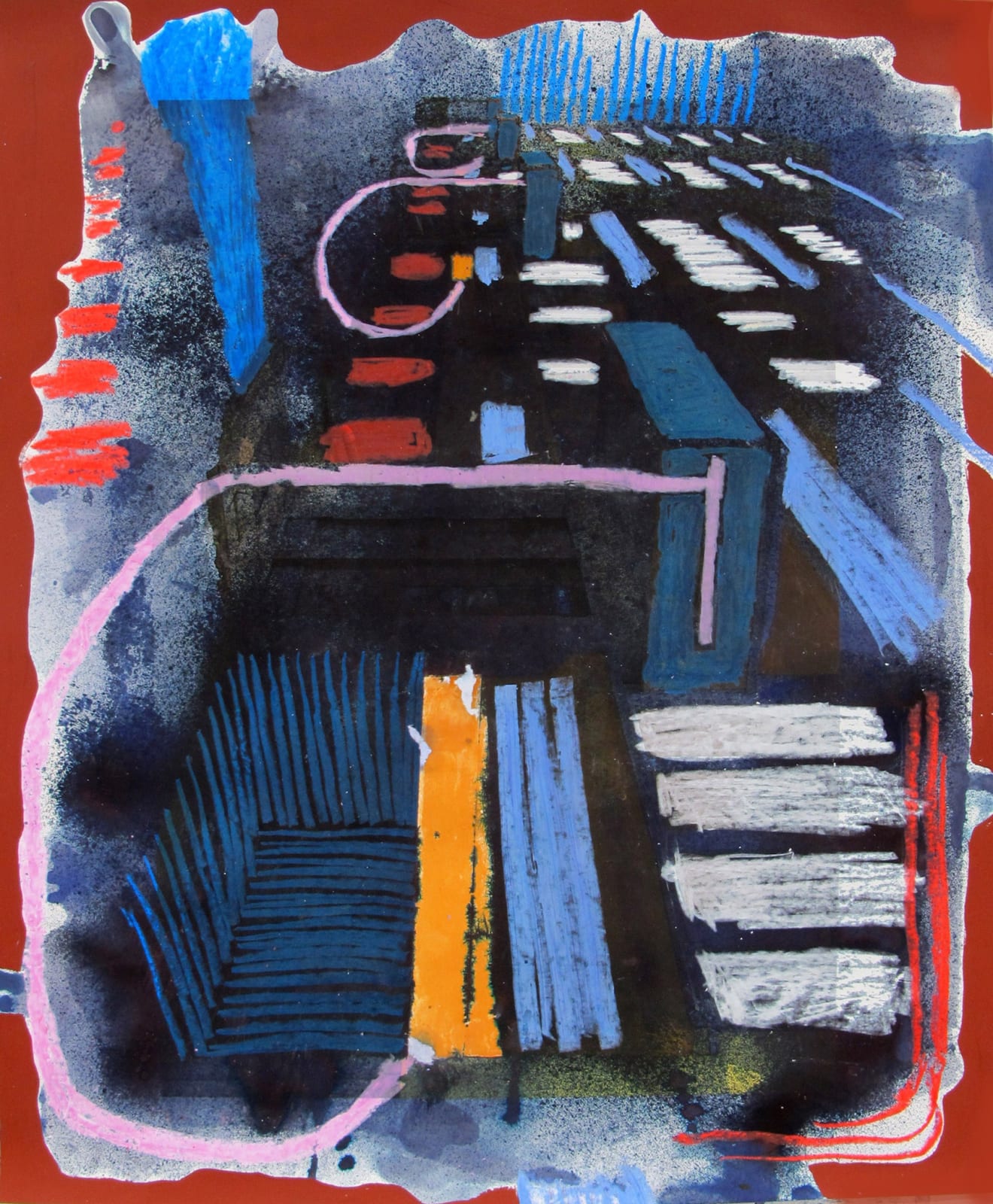 alexandra feusi artwork depicts various shapes in dark and strong colors red black and beige