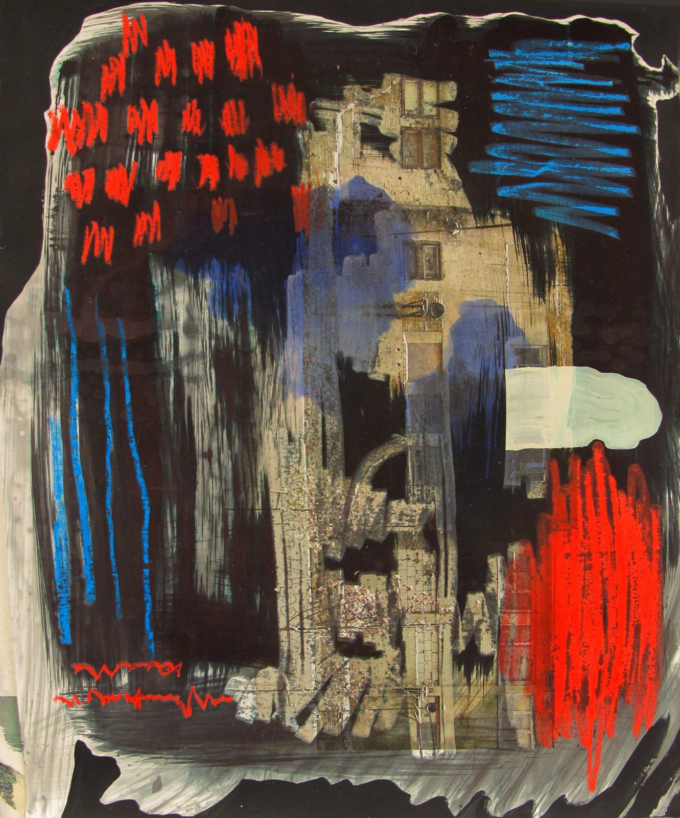 alexandra feusi artwork depicts various shapes in dark and strong colors red black and beige