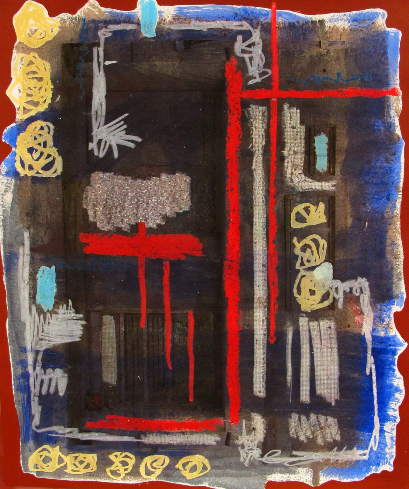 alexandra feusi artwork depicts various shapes in dark and strong colors red black and beige