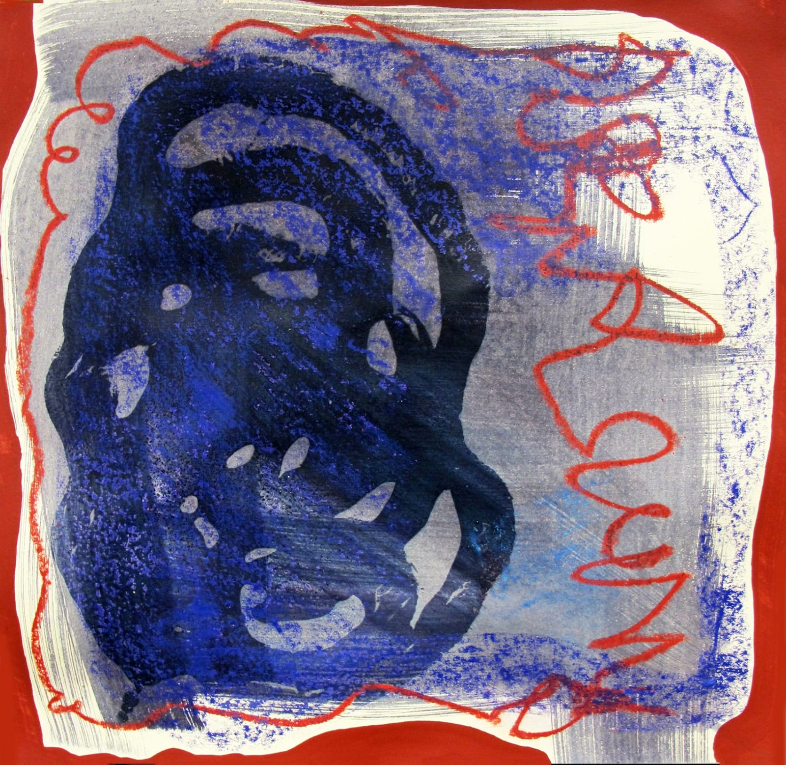 alexandra feusi artwork depicts various shapes in dark and strong colors red blue and beige