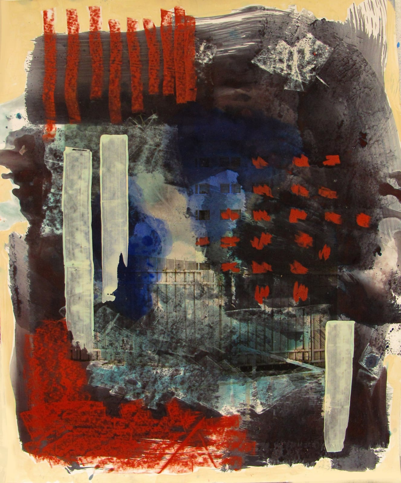 alexandra feusi artwork depicts various shapes in dark and strong colors red black blue and beige
