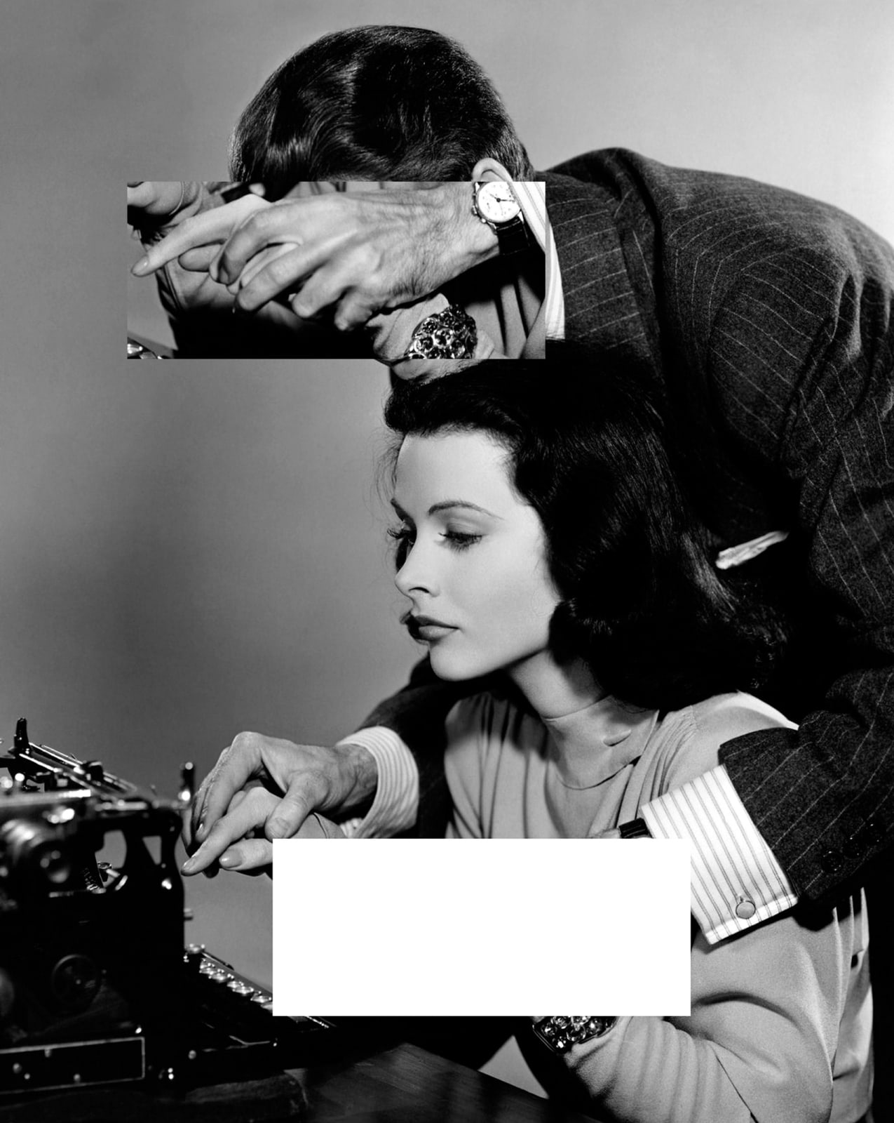 image shows a black and white photo-collage of a man and a woman, 2 rectangular sections have been cut out and exchanged
