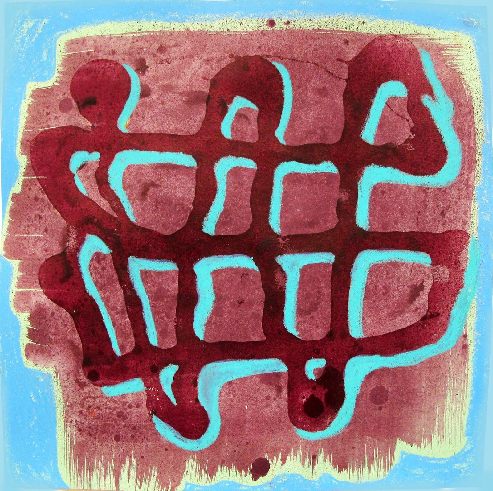 alexandra feusi artwork depicts various shapes in dark and strong colors red turqouise and beige