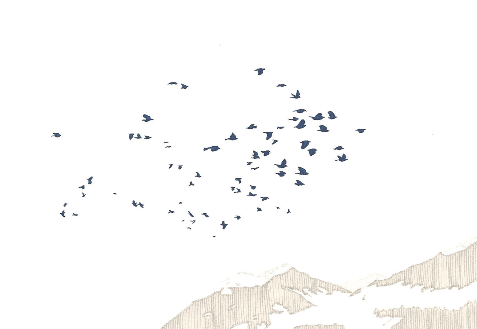 anna-stemmer-dworak drawing of a mountain with snow peeked mountains and a flock of birds