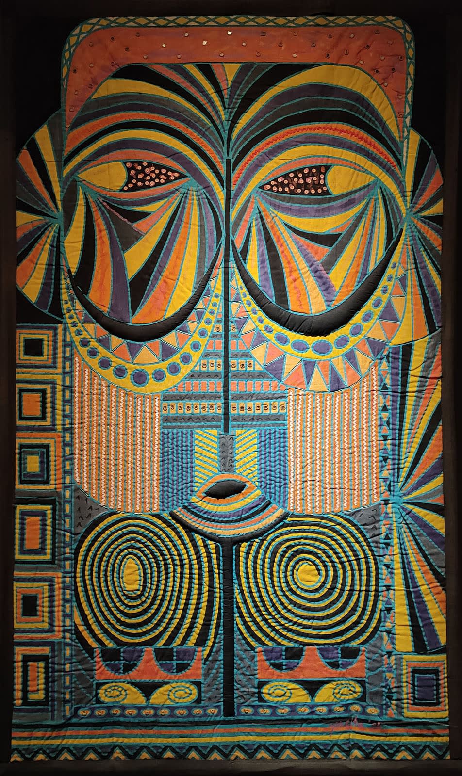 Bacongo IV, 1986 Acrylic, mirrors, buttons and rickrack on stitched, silk screened and padded canvas 100 x 60 in 253 x 153 cm