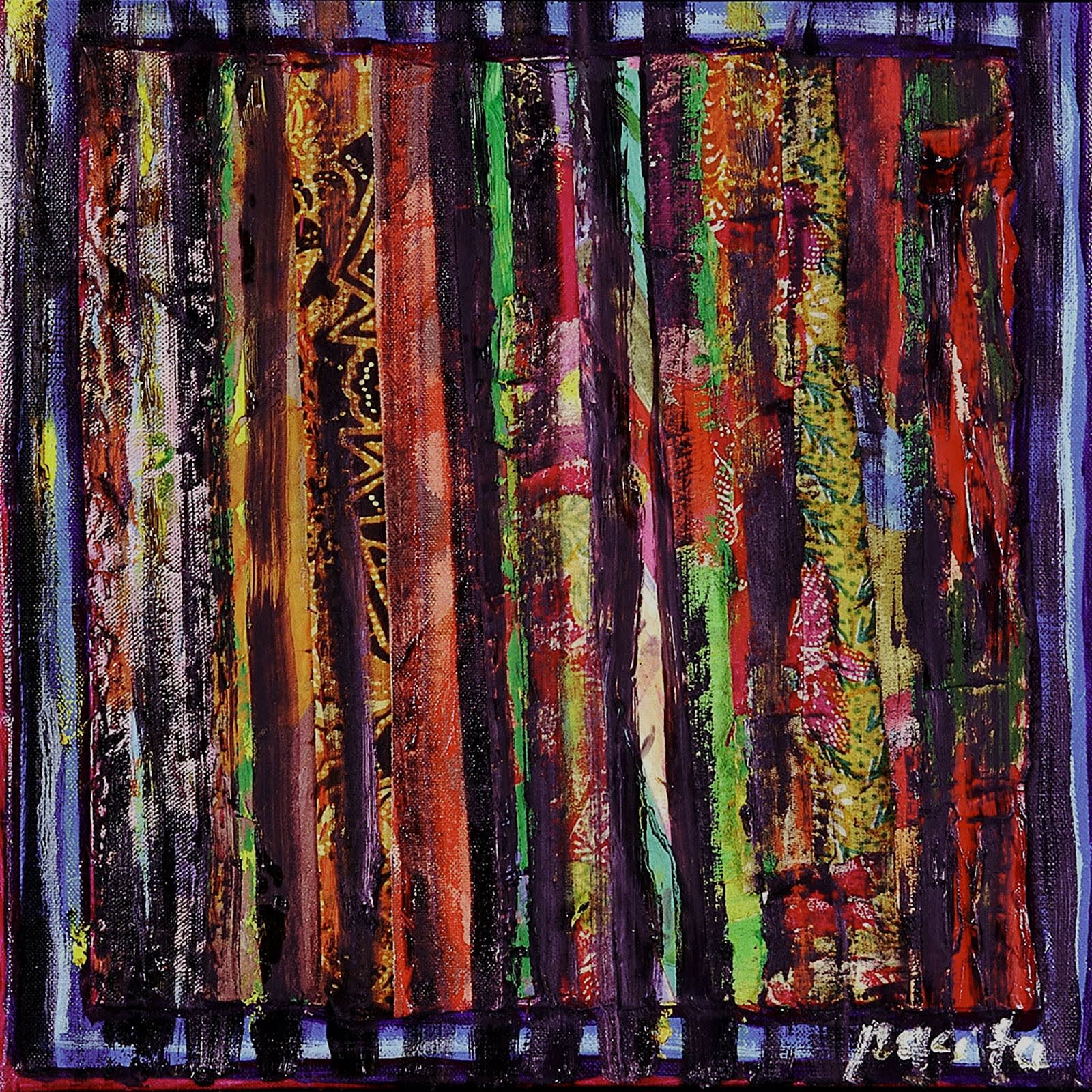Shifting daylight, 1998 Oil, painted batik cloth stitched on canvas 12 x 12 in 30 x 30 cm