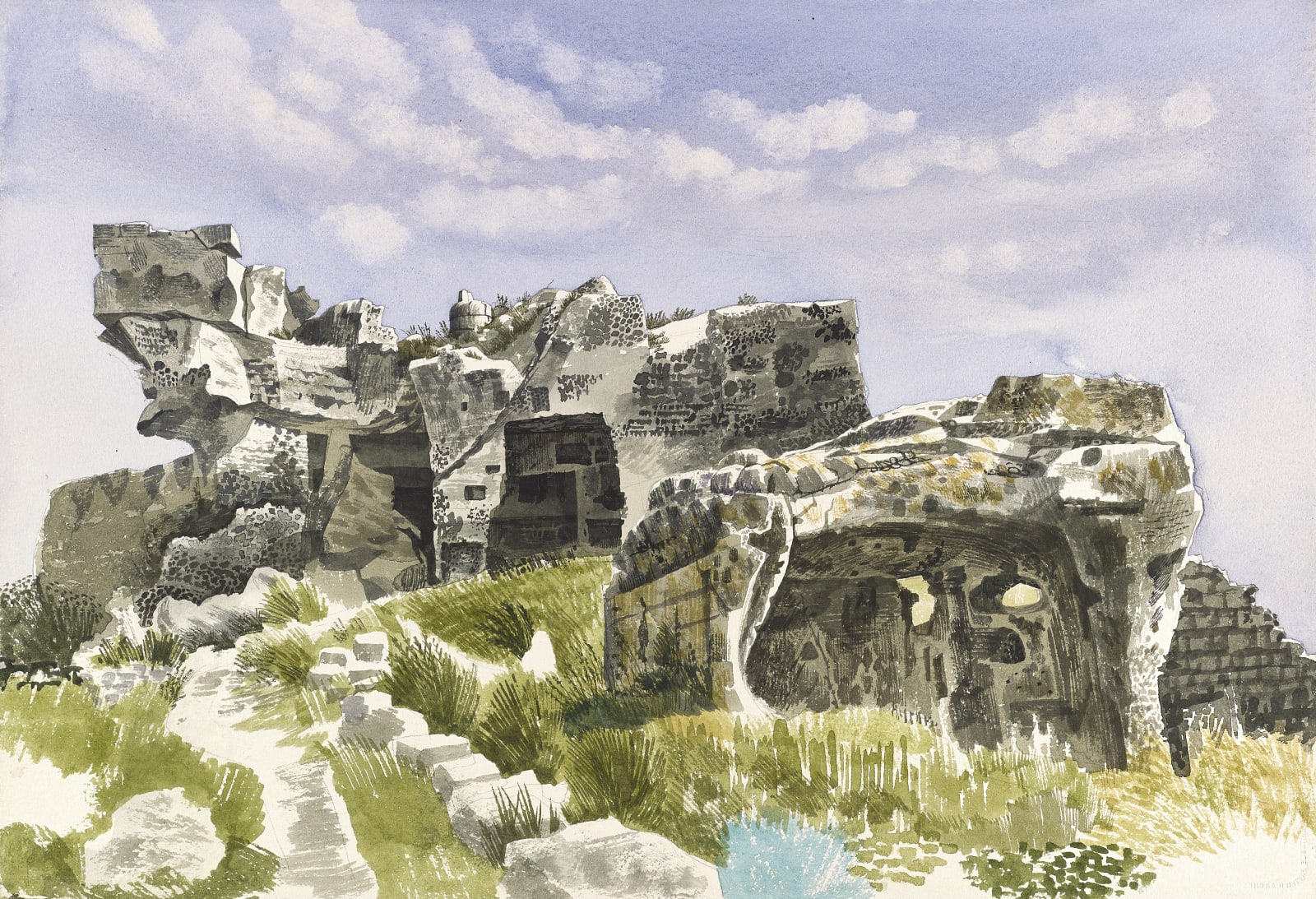 David Gentleman, Castle ruins on hilltop, Les Baux-de-Provence, 1954