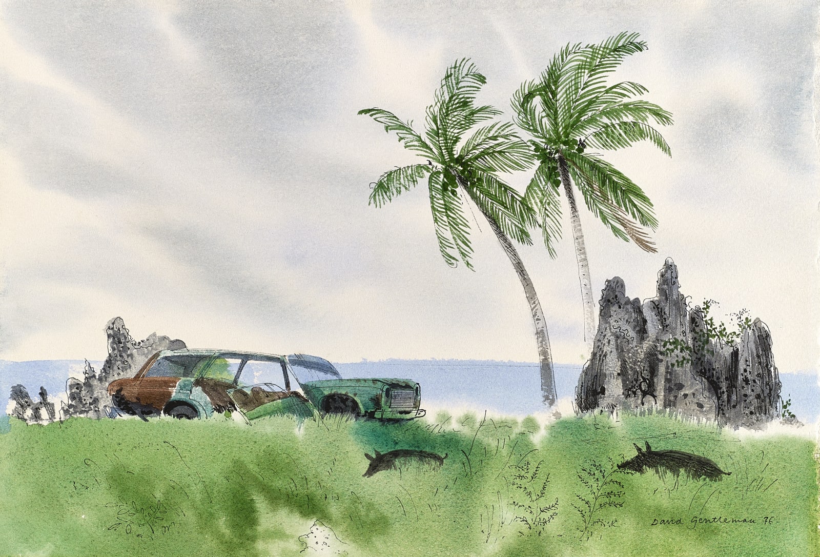 David Gentleman, Nauru: Wrecked car and pinnacles, 1976