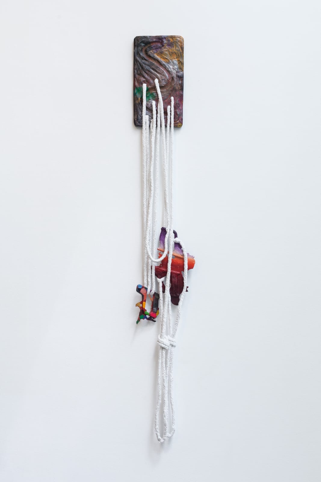 Katy Cowan, (this rest) Variation (2018). Oil and enamel paint, graphite on cast bronze, braided rope, 72 x 10 x...