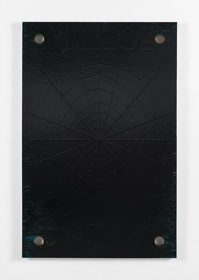 Michael Rey, "ZOPTUN (Astrolopico)" (2020). Oil, tape, and vinyl on panel, 46 x 32 inches. Photo: Jeff McLane.
