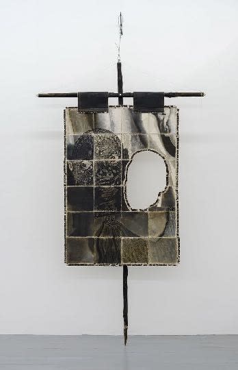 Tanoa Sasraku Spectacles in Black 2019 Newsprint, soft pastel, fixative, ink, thread, wood, charcoal, steel 240 x 150 cm