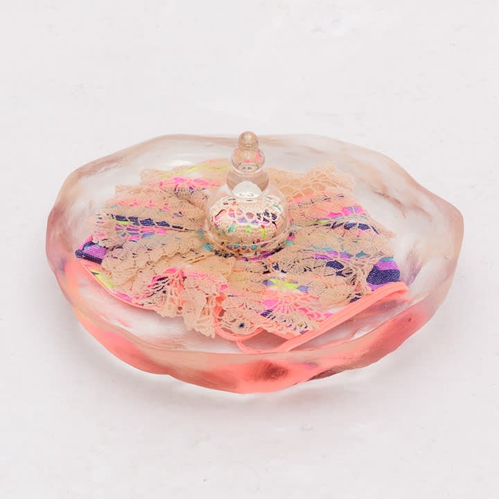 Ana Cvorovic,Insoluable Blossoms , 2019, polyurethane resin, glassware, child swimsuit, crochet dollies r:30cm