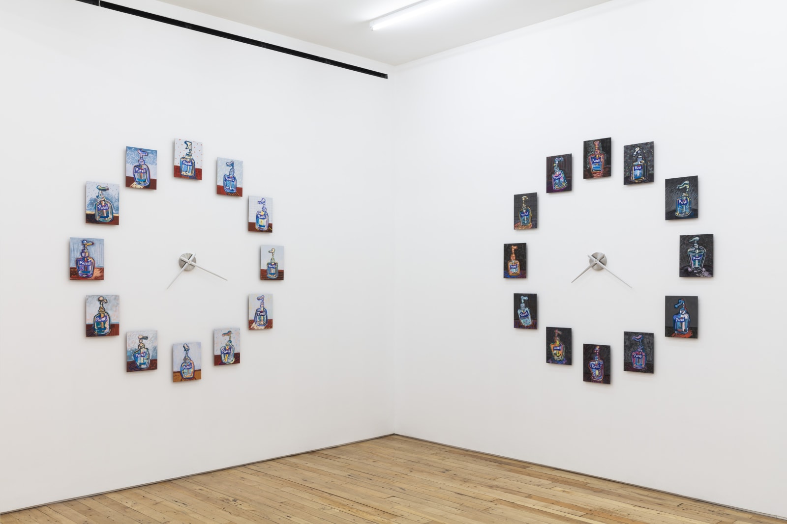 Installation view of Susan Chen: Purell Night & Day at Rachel Uffner Gallery. Left: “Purell Clock: Day” (2023), soft pastel...