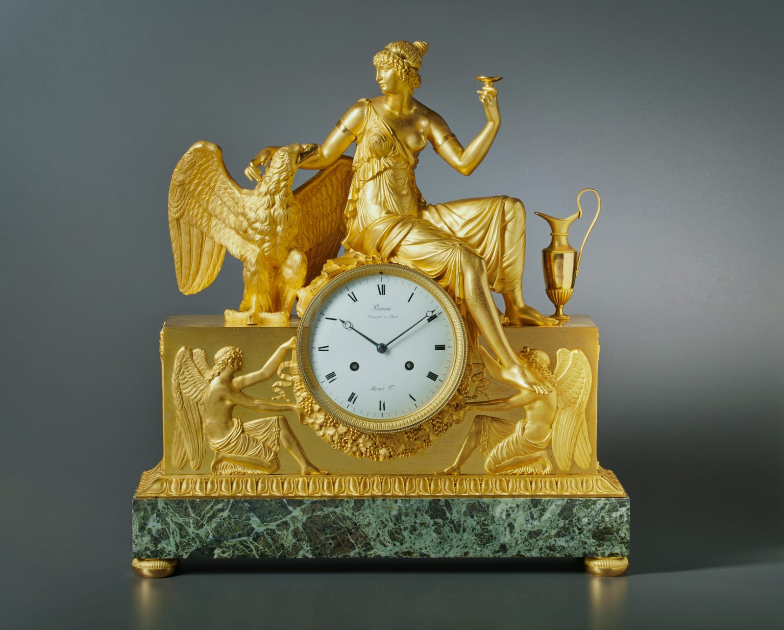 André-Antoine Ravrio, An Empire mantel clock of eight day duration by Mesnil à Paris, housed in a case by André-Antoine Ravrio, Paris, date circa 1810
