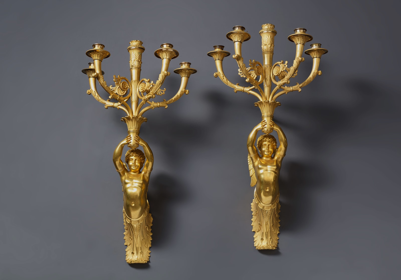 Pierre-Philippe Thomire (attributed to), A pair of Empire five-light wall-lights attributed to Pierre-Philippe Thomire, Paris, date 1809-10